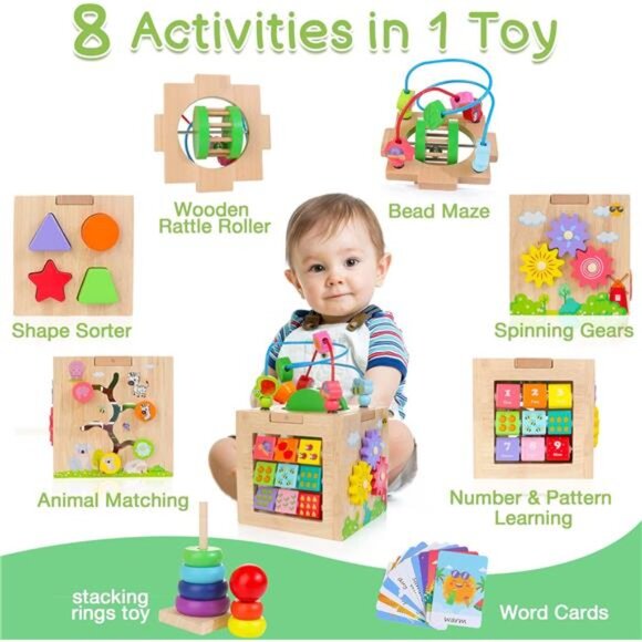 Activity Cube Wooden Montessori Toy, Shape Sorter Developmental Learning Toys - Picture 2 of 8